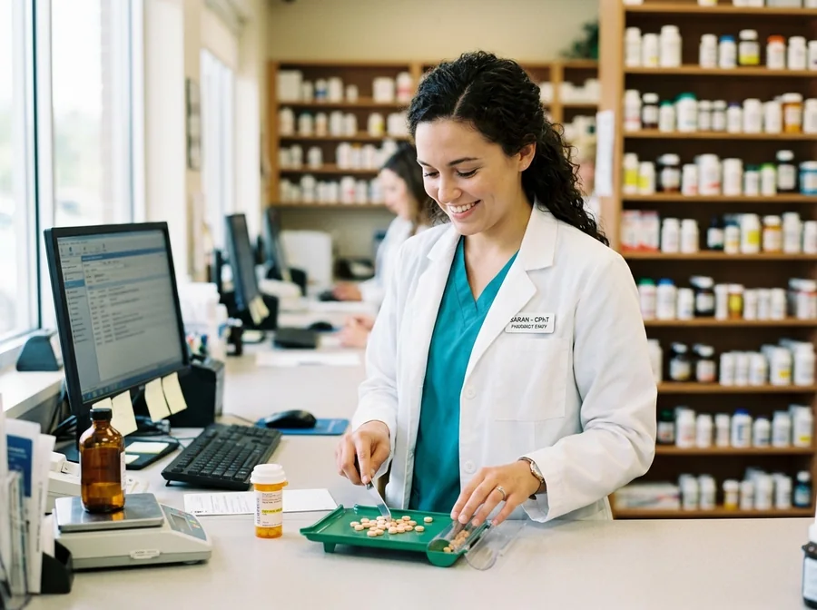 Pharmacy technician counting tablets on a counting tray behind a pharmacy counter