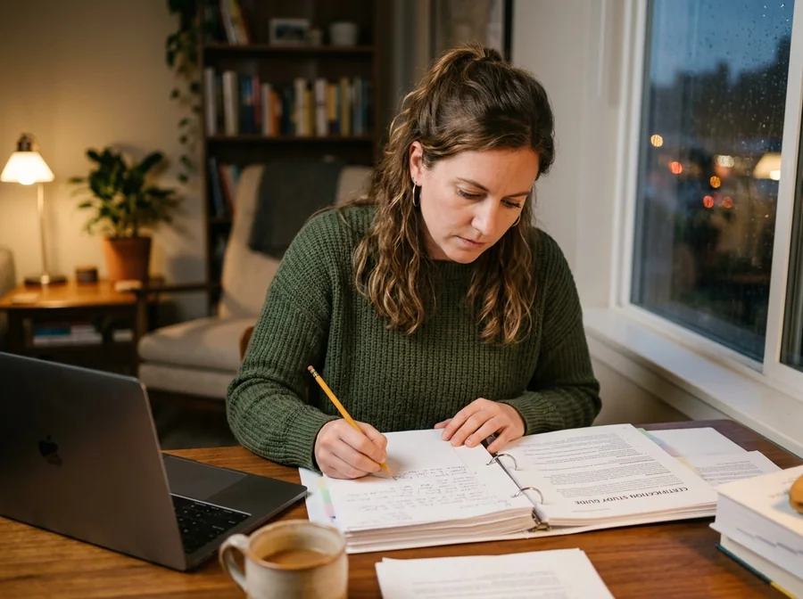 Woman reviewing printed study pages with a pencil at a desk in the evening