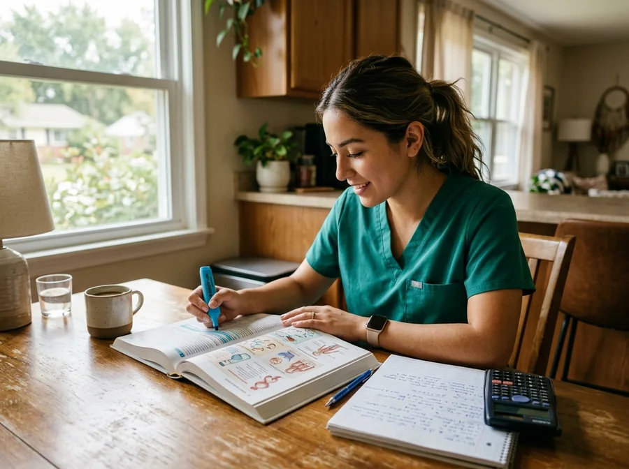 Pharmacy technician student in teal scrubs highlighting an illustrated book at a kitchen table