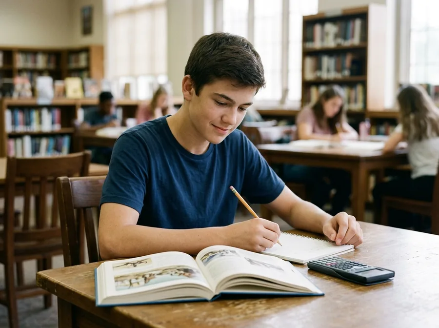Student preparing for AP Physics 1 with an illustrated book and a calculator