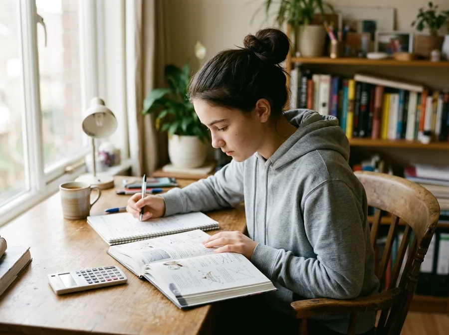 High school student studying an illustrated physics book at a desk at home