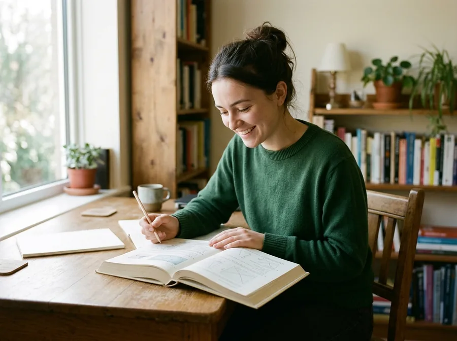 Student reviewing practice questions in an illustrated book before a test