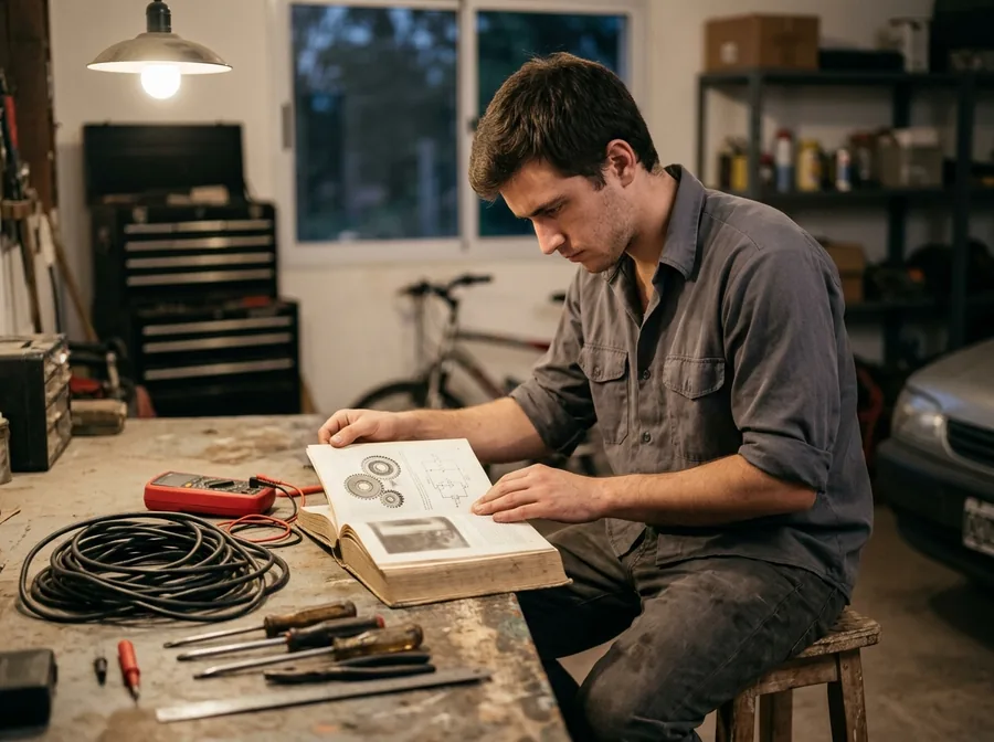 Electrical apprentice studying an illustrated book at a workbench