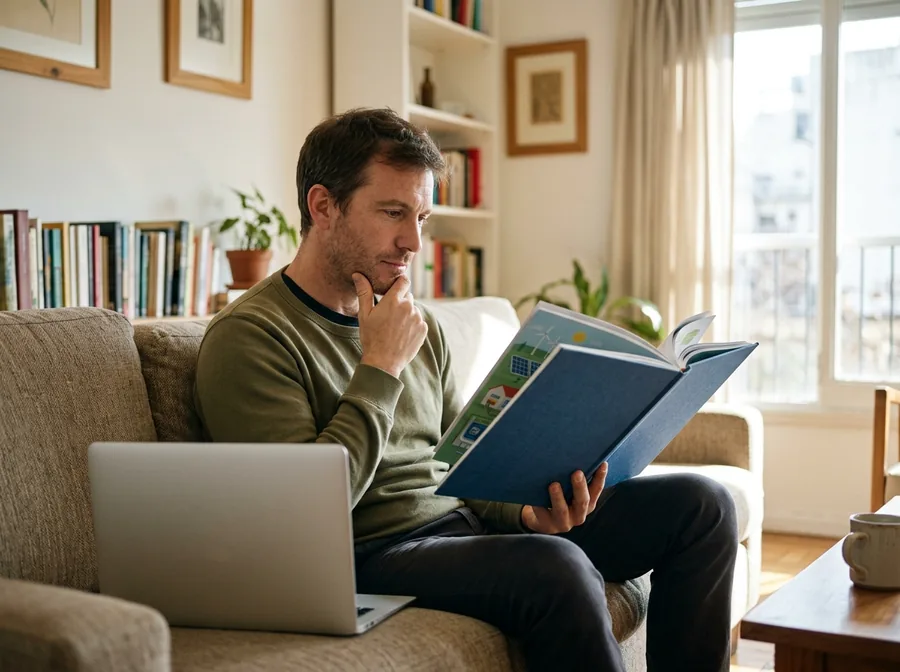 Man reading an illustrated book on a sofa