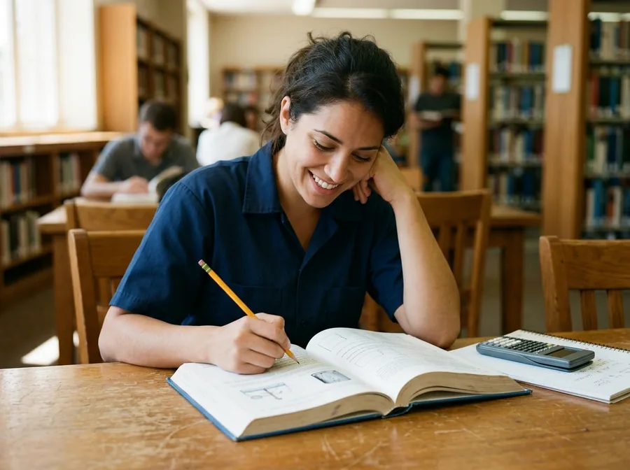 Student reviewing practice questions in an illustrated book