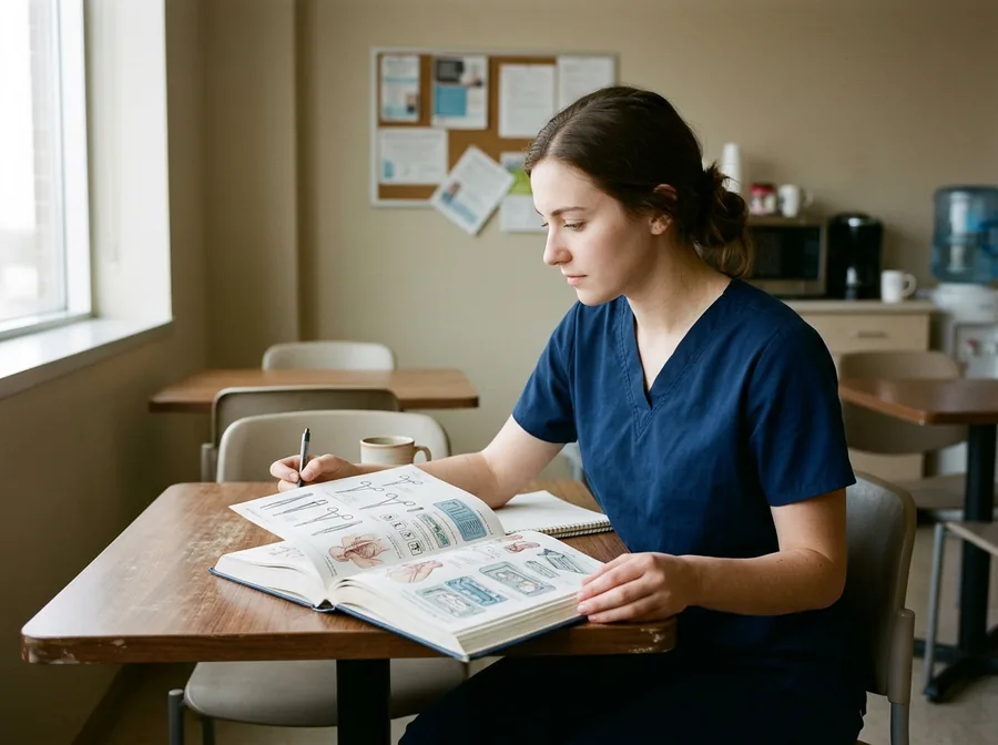 Sterile processing student studying an illustrated book in a hospital break room
