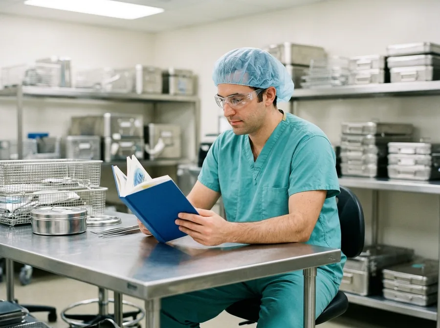 Sterile processing technician reading an illustrated book at a work table