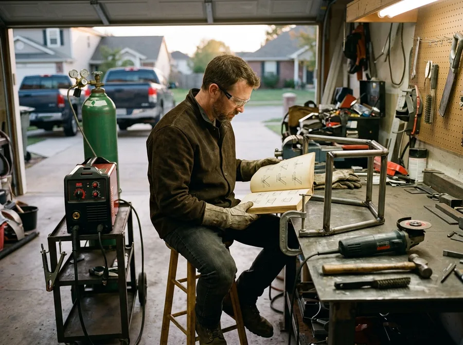 Hobbyist in a home garage with a small MIG welder, reading an illustrated book on a stool
