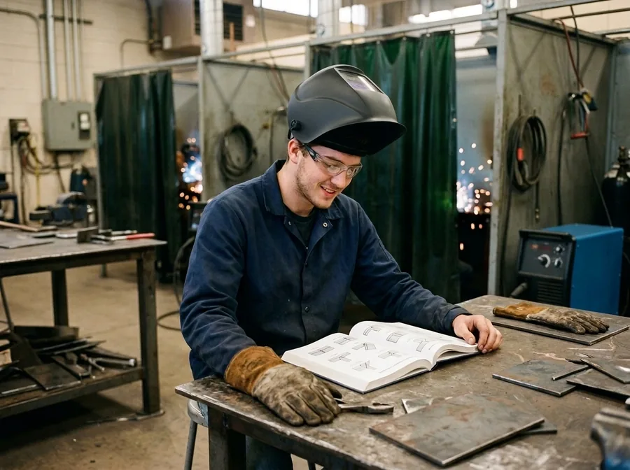 Welding student in a school welding shop studying an illustrated book at the workbench