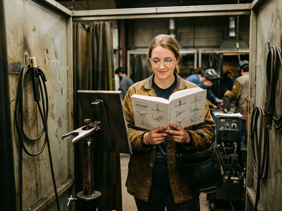 Welder in a test booth next to a plate clamped in the vertical position, reading an illustrated book