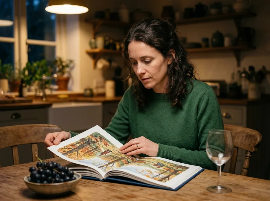 Woman reading an illustrated book at a kitchen table