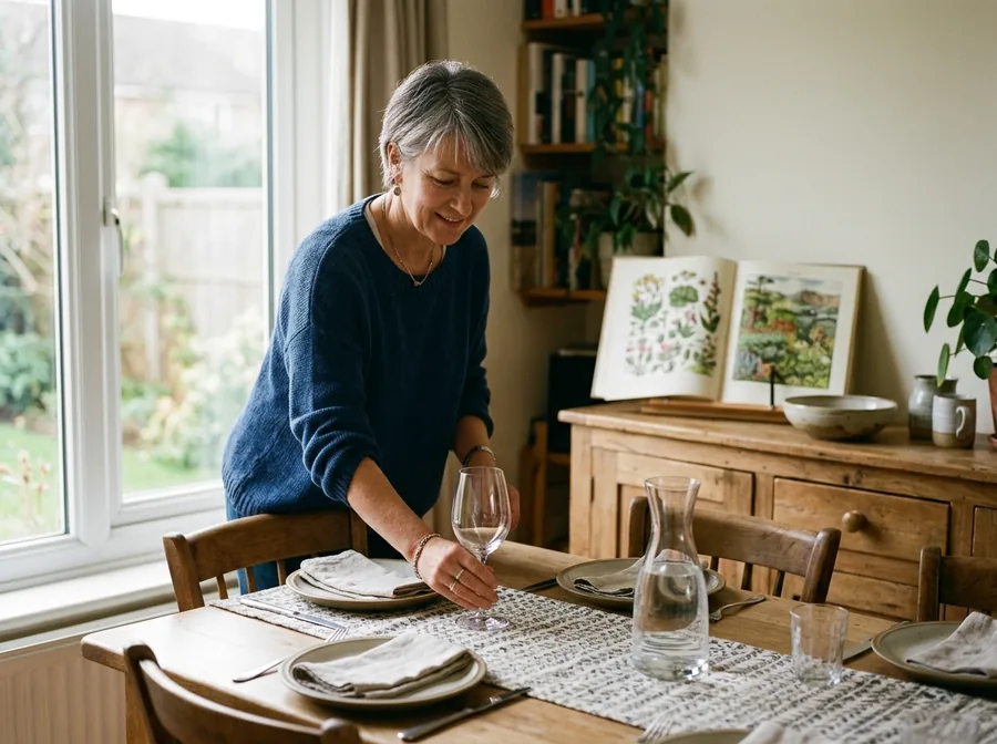 Woman setting a dinner table with empty glasses and a carafe of water