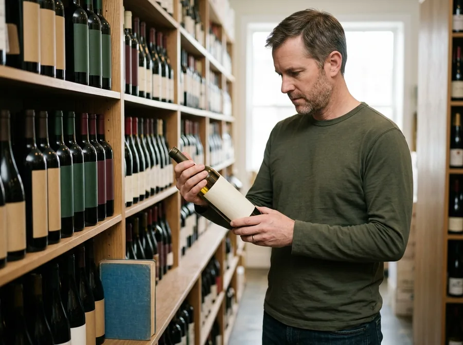 Man reading the back label of a bottle in a wine store